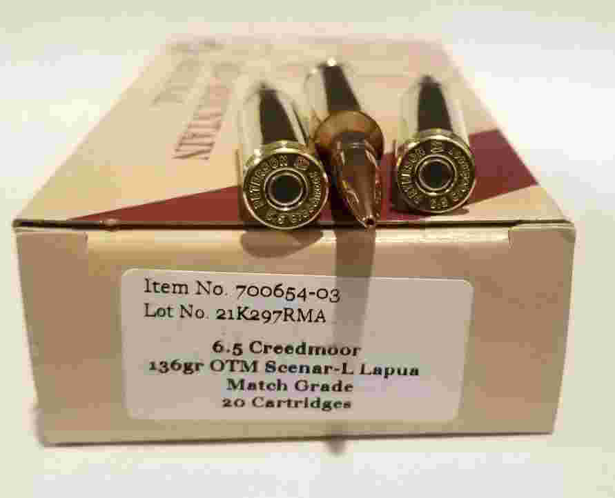 6.5 Creedmoor Cartridge 136gr Scenar-L OTM-BT HPBT Match Grade by Lapua Box of 20